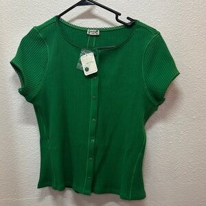 Free People Green Button-Down Ribbed Top